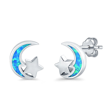 Moon & Star Stud Earrings Lab Created Blue Opal 925 Sterling Silver (8mm)